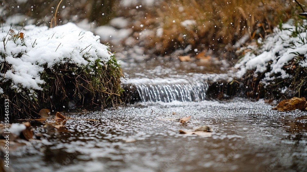 Poster snowy creek with cascading water and crisp winter atmosphere : generative ai