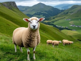 Fototapeta premium Discover sustainable livestock farming with this serene image of sheep grazing on rolling green hills, showcasing responsible agricultural practices and idyllic countryside scenes Explore the beauty
