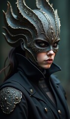 A mysterious figure adorned in an ornate mask and dark attire, evoking a sense of fantasy and intrigue, perfect for creative projects in fashion, gaming, or storytelling.