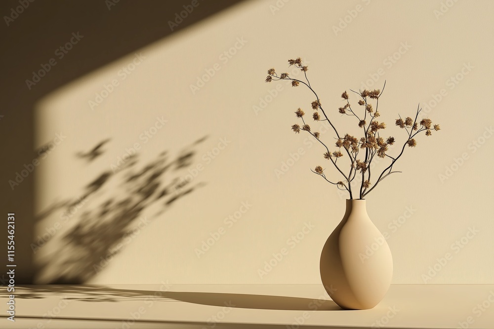 Poster a single teardrop-shaped vase with a dried flower on a neutral background