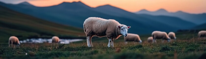Obraz premium Experience sustainable livestock farming with this serene image of sheep grazing near a stream, nestled within a picturesque landscape during a tranquil sunset Observe the gentle rhythm of nature