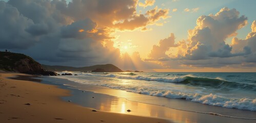 A breathtaking view of a sunset over the ocean, with vibrant colors reflecting on gentle waves, creating a serene and calming atmosphere.