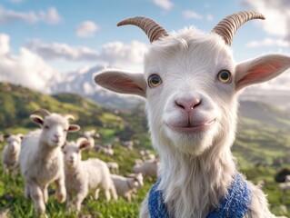 Fototapeta premium Experience the charm of goats herding naturally on a vibrant hillside farm, with lush green pastures and clear skies Witness these adorable animals thriving in their natural habitat This idyllic