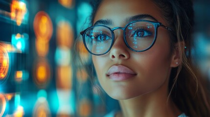 Exploring advanced technology through the eyes of a young woman in a futuristic setting