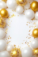 Celebration decorations studio image festive close-up party atmosphere with gold and white balloons