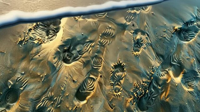 As the tide recedes it reveals a multitude of tiny footprints in the sand evoking the idea of countless electrons leaving their mark in an electric circuit.