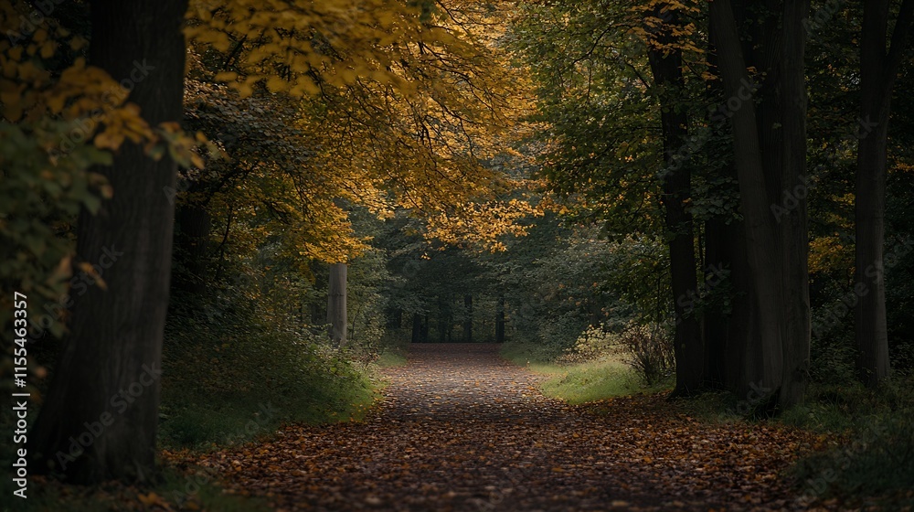 Poster autumn pathway lined with colorful foliage in woodland : generative ai