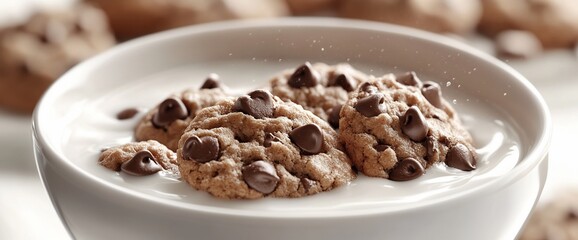 A bowl of creamy yogurt topped with chocolate chip cookies.