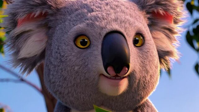 Anthropomorphic Koala Cosplayer in Green Outdoor Scene, Wearing Grey Shirt with Fur Patterns, Expressing Surprise, for Promotional or Illustrative Purposes