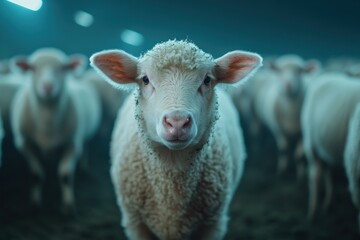 Obraz premium Explore the future of farming with modern agricultural technology integrated into livestock farming, showcasing automated feeders and monitoring systems enhancing sheep care and productivity Witness