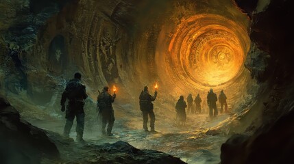 A group of adventurers with torches approach a glowing portal in a cave.