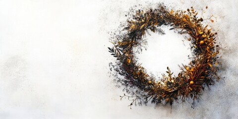 Illustartion of a golden Christmas wreath with botanical accents, dried leaves, and berries, displayed on a textured white wall, creating a minimalist and elegant festive composition