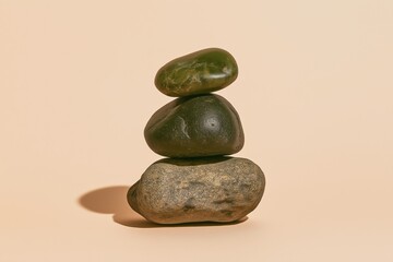 A smooth pebble balanced on top of another on a plain beige surface