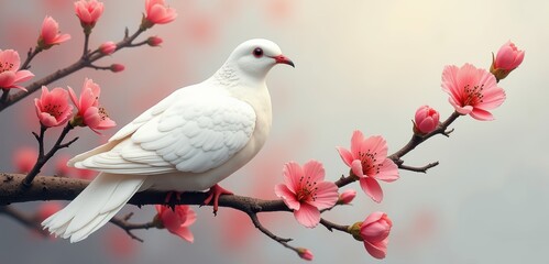 Fototapeta premium A serene white dove perched on a blooming cherry blossom branch, symbolizing peace and renewal in a soft, dreamy environment.