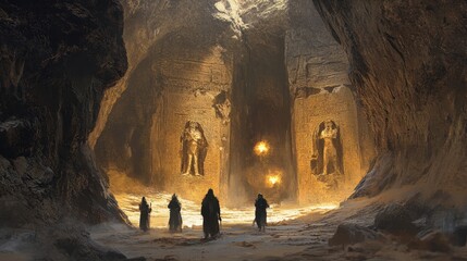 Silhouetted Figures Exploring a Mystical Cave Entrance with Ancient Statues