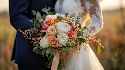Exquisite Bridal Bouquet with Diverse Roses in Elegant Outdoor Setting for Wedding Ceremony : Generative AI