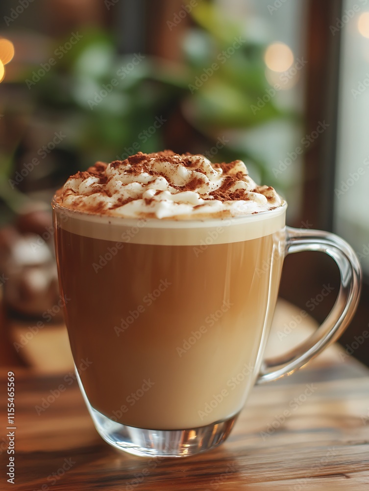 Aufkleber Cozy Latte with Whipped Cream in Glass Mug by Window : Generative AI