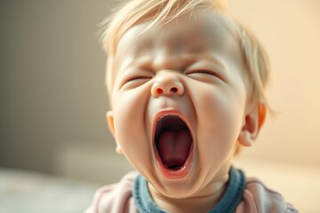 A sleepy baby showcases a large yawn, their adorable expression capturing the essence of afternoon drowsiness in a warm and inviting environment