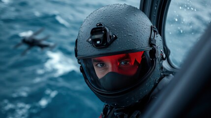 Fototapeta premium Close-up of a Pilot's Face in a Helicopter During a Maritime Operation
