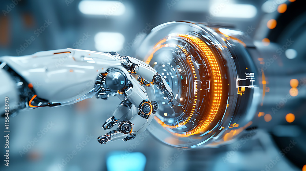 Poster robot interaction with advanced technology futuristic lab digital imagery high-tech environment clos