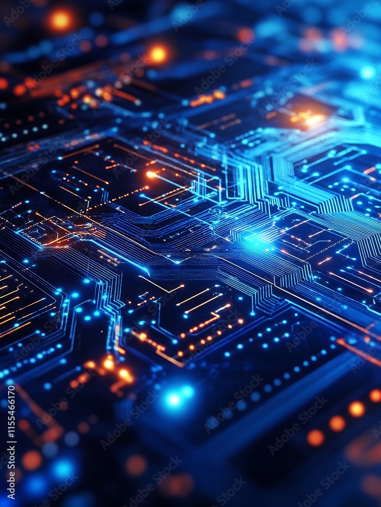 Aufkleber Futuristic Circuit Board with Glowing Blue and Orange Paths in HighTech Design : Generative AI