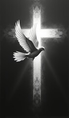 A serene black and white image of a dove in front of a glowing cross, symbolizing peace, spirituality, and hope for religious and inspirational themes.