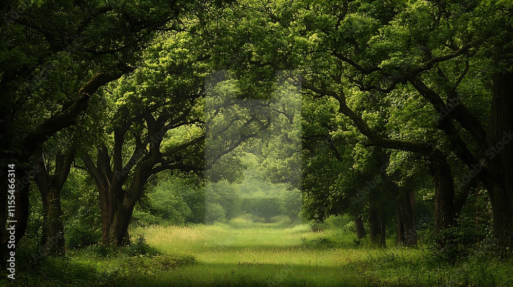 Poster enchanted green forest pathway with dense tree canopy and lush foliage in mystical woodland : genera