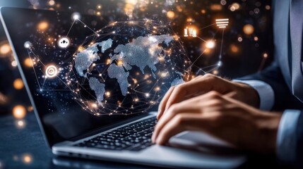Global Network Connectivity: Businessman Working on Laptop with Worldwide Data Visualization