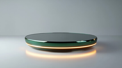 A futuristic circular display platform with a metallic emerald-green finish and glowing edges, floating slightly above a white background. Crisp details, sharp contrasts