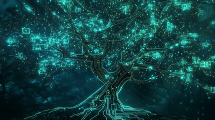 Obraz premium Digital Tree of Light: A mesmerizing artwork depicting a futuristic tree with glowing, circuit-like branches.