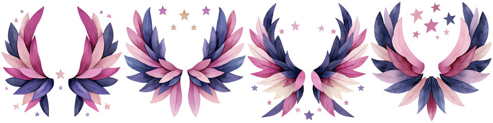 Fairy and myth sparkle, Colorful, abstract wings adorned with stars, featuring a blend of pink, blue, and purple hues, conveying a whimsical and ethereal essence.