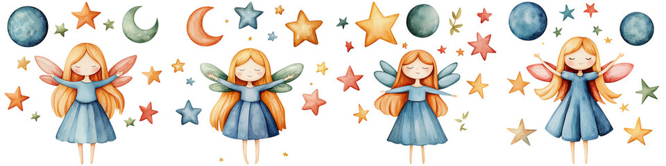 Fototapeta premium Fairy and myth sparkle, Four whimsical fairies in colorful dresses, adorned with wings, surrounded by celestial elements like stars, moons, and planets.