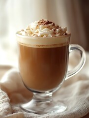 Delicious homemade cappuccino in a clear glass cup with frothy cream atop : Generative AI