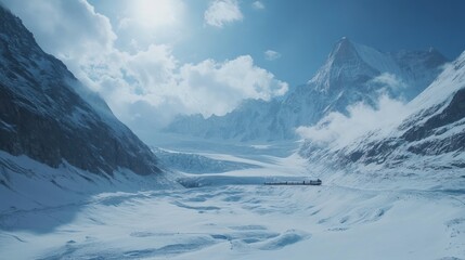 Majestic snow-capped mountains and glacier with train.