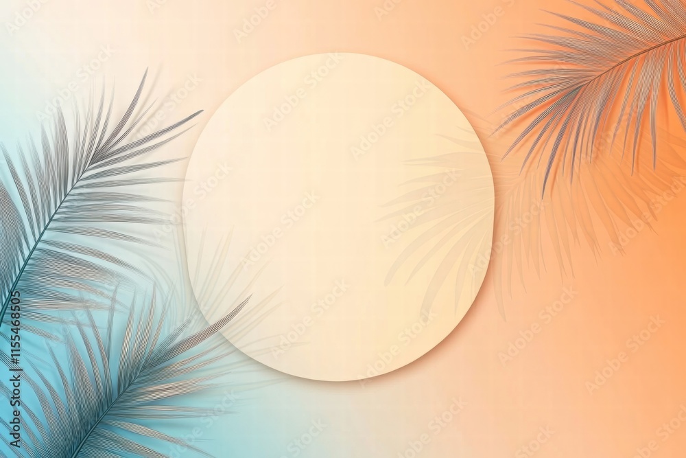 Poster Serene palm trees setting against a pastel orange and blue gradient background with minimalist design elements. Generative AI