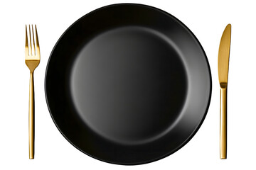 Elegant black plate paired with a golden fork and knife. A stylish table setting, perfect for luxurious dining or special occasions. Isolated on transparent background, png.