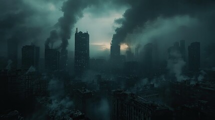 Obraz premium Post-Apocalyptic Cityscape: A Dark and Smoky Metropolis