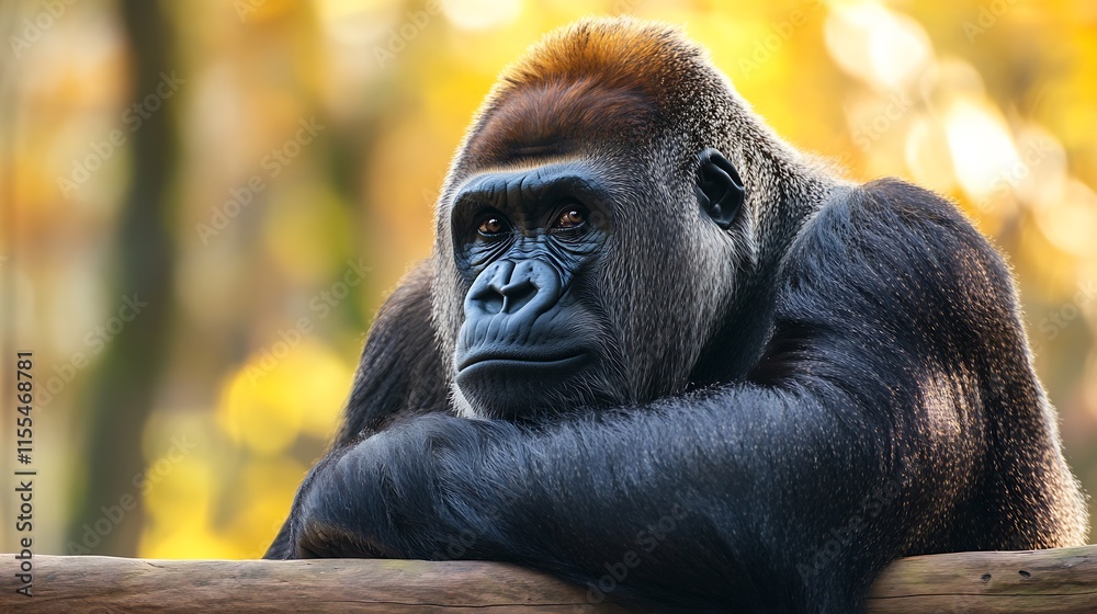 Poster thoughtful gorilla resting against autumn foliage in forest sanctuary : generative ai