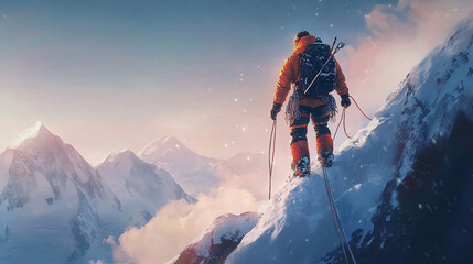 Climber ascends snowy mountain peak at sunrise.