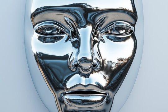 Reflective metallic sculpture of a human face on a white background showcasing modern art design