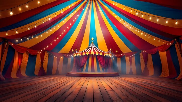 Colorful multi colored circus tent background and twinkling lights with space for copy.