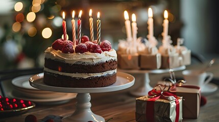 The scene from a traditional celebration customary birthday card typical boxed presents and a cake with candles
