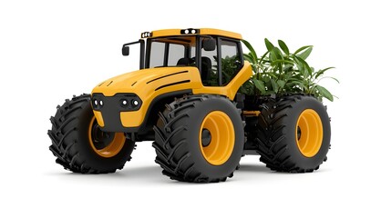 Obraz premium Yellow Tractor with Green Plants for Sustainable Agriculture Concept
