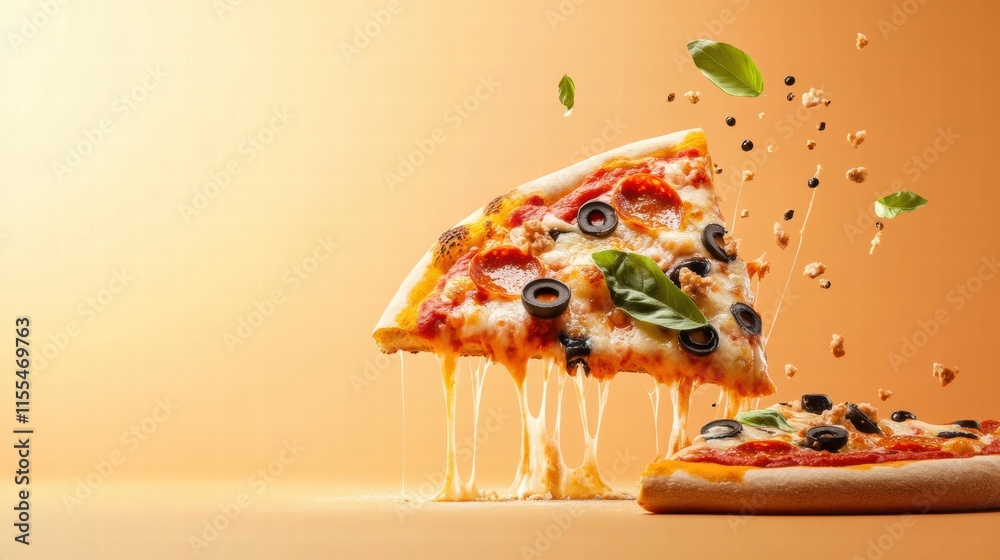 Poster colorful pizza slice with cheese drips and stylized toppings on a minimalist background. generative 