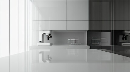 Modern lab interior with microscopes and glassware on sleek countertop.