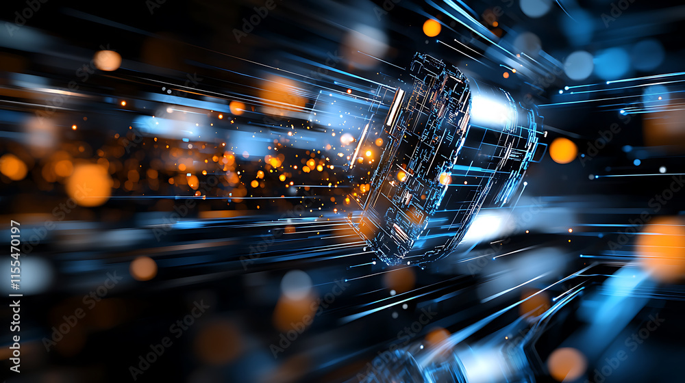 Poster dynamic motion sequence digital realm abstract visualization high-tech environment futuristic perspe