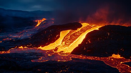 Fototapeta premium Dynamic Molten Lava Flow on Rugged Volcanic Terrain at Nighttime : Generative AI