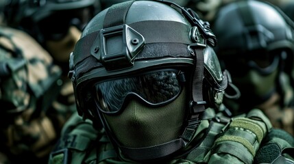 Close-up of a soldier's tactical helmet and face mask in military formation