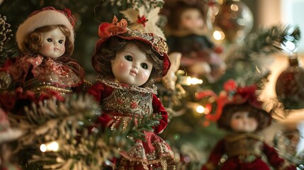 Under the ornamented christmas tree are several dolls