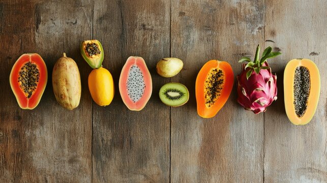 Exotic Fruits on Wooden Background: A Vibrant Display of Tropical Delights